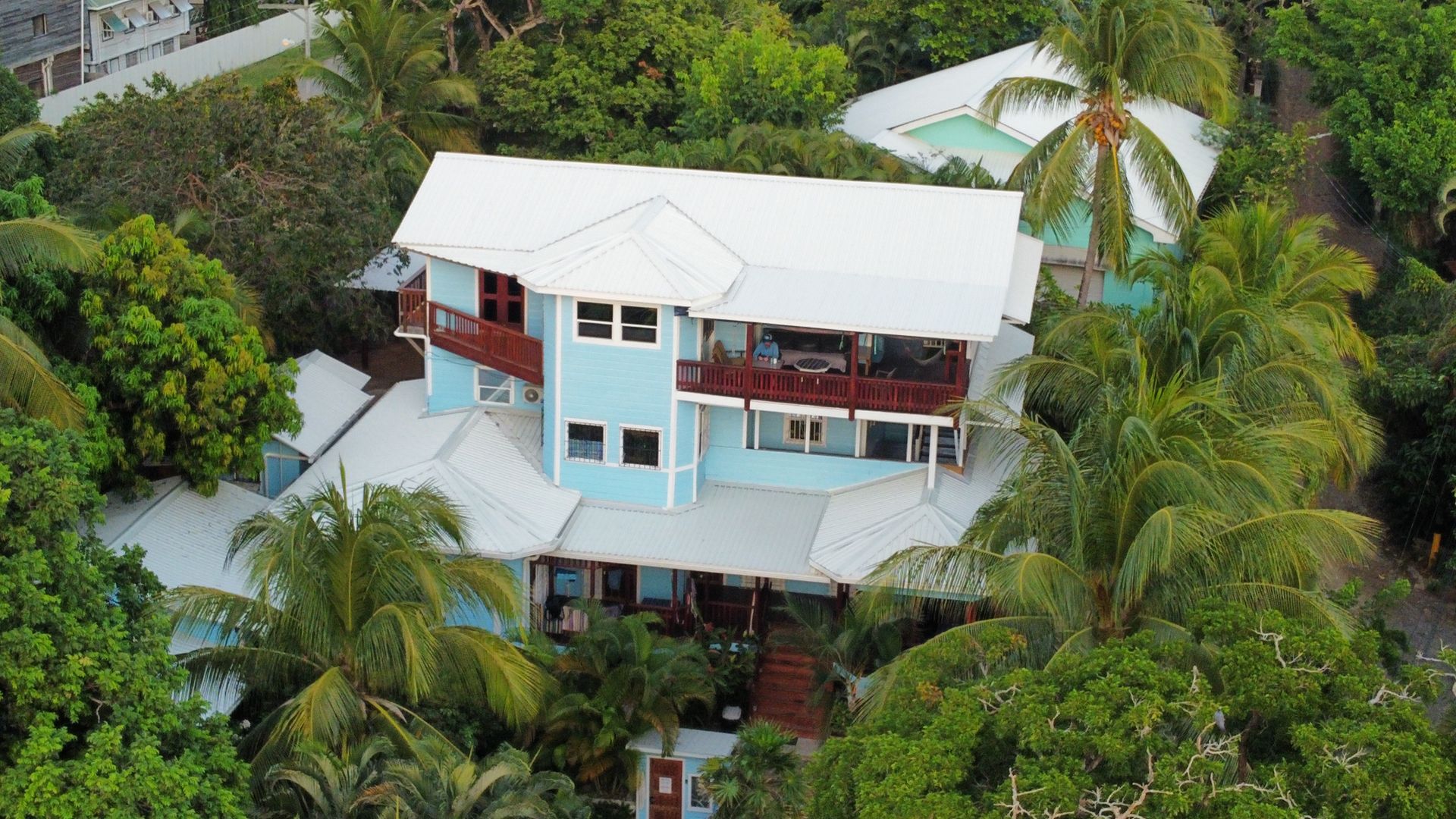 Blue and white two-story house surrounded by lush green trees and foliage.