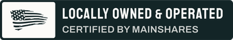 Locally owned & operated certified by Mainshares logo with white text on dark background