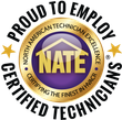 NATE Certified Technicians logo with purple and gold emblem and surrounding text