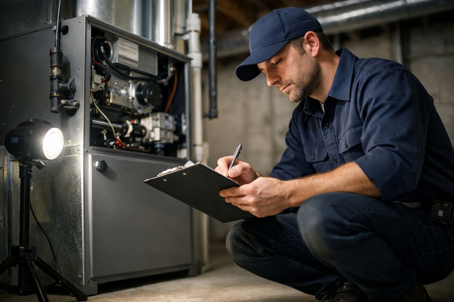 HVAC repair contractor inspecting a furnace with a clipboard