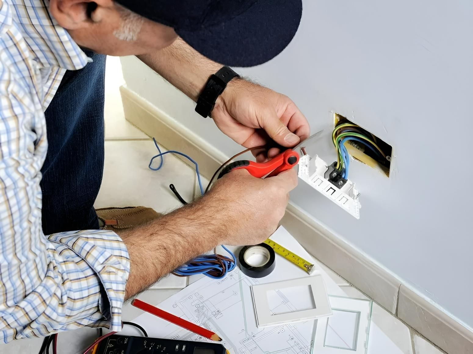 A Man is Working on an Electrical Outlet With a Pair of Pliers — Clifford Electrical in Ballina, NSW