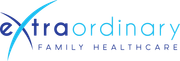 The logo for extraordinary family healthcare is blue and white.