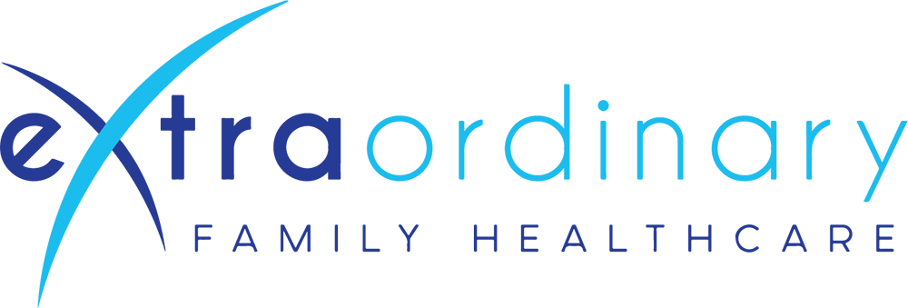 the logo for extraordinary family healthcare is blue and white .
