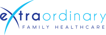 The logo for extraordinary family healthcare is blue and white.