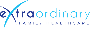 The logo for extraordinary family healthcare is blue and white.