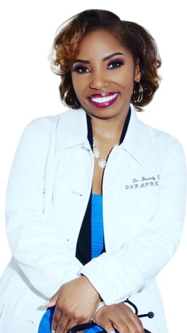 A woman wearing a white coat with the name dr. on it