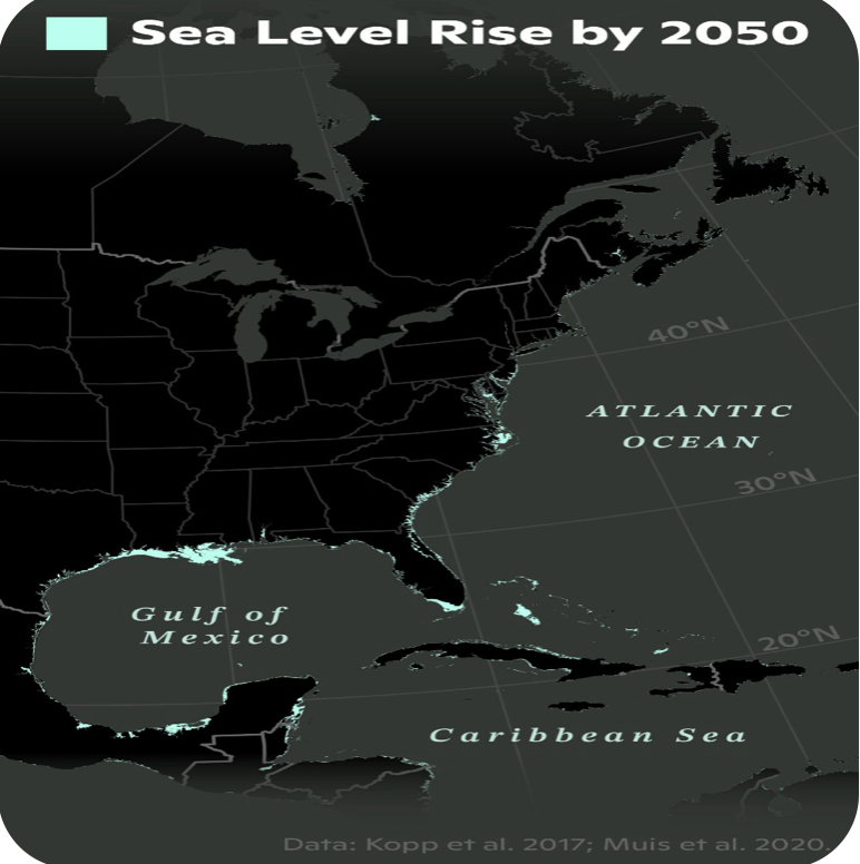 A map showing the sea level rise by 2050
