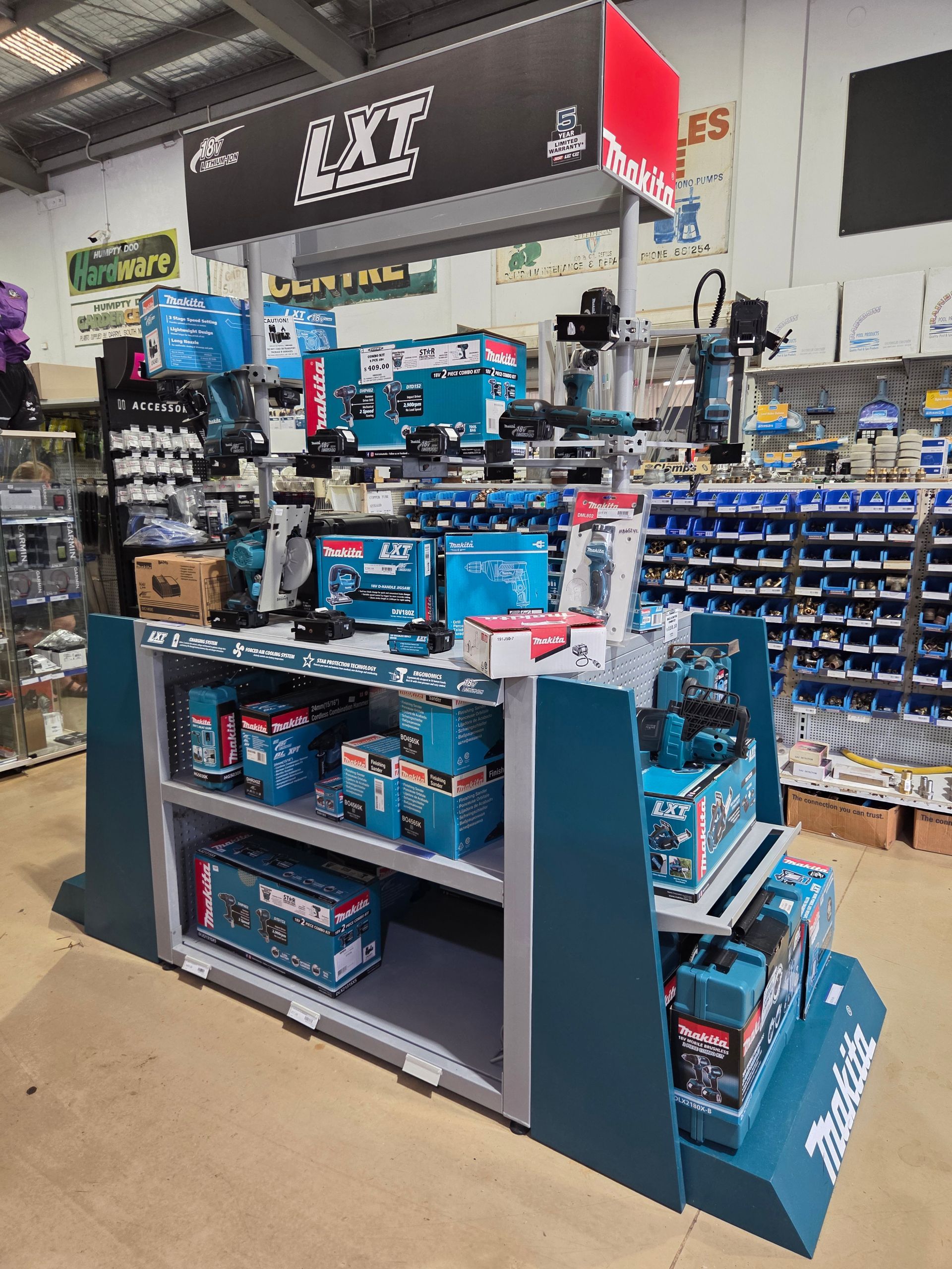 A Retail Display Unit Showcasing Blue Makita Lxt Power Tools — Humpty Doo Hardware in Humpty Doo, NT