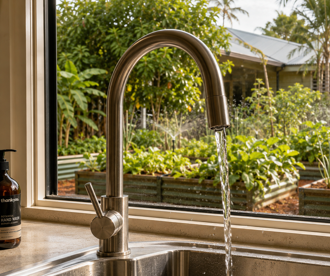 Kitchen sink looking out to a sunny garden with raised beds and a house in the background — Humpty Doo Hardware in Humpty Doo, NT