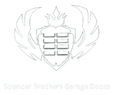 The Spencer Brothers Garage Doors logo features a shield-shaped icon with a grid pattern, topped by wings on white text.
