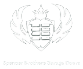 The Spencer Brothers Garage Doors logo features a shield-shaped icon with a grid pattern, topped by wings on white text.
