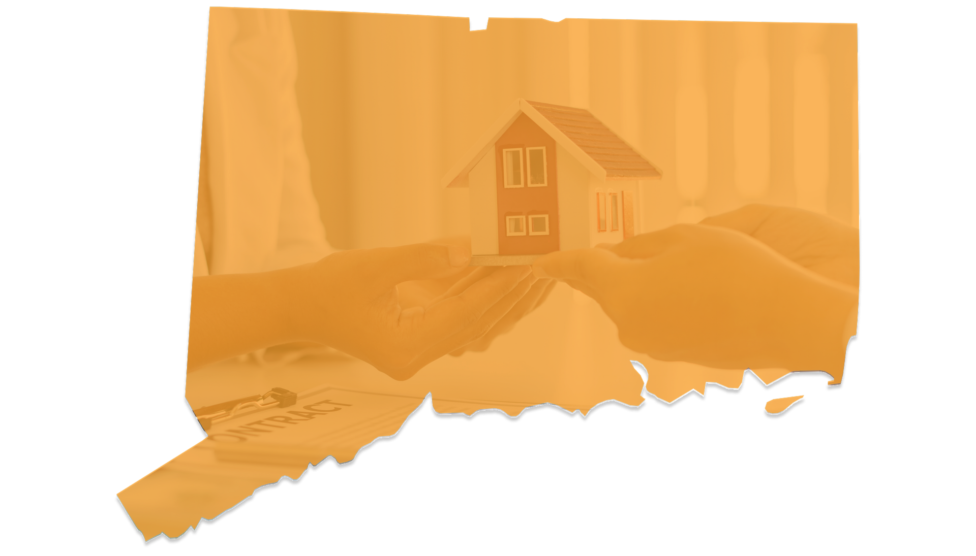 Connecticut outline overlaid with hands holding a miniature house, in warm tones.