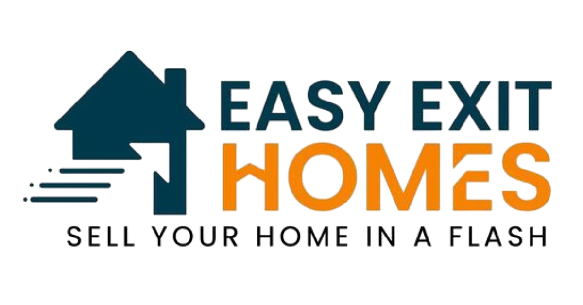 Logo for Easy Exit Homes: a teal house with an arrow, orange text "HOMES" and tagline "SELL YOUR HOME IN A FLASH".