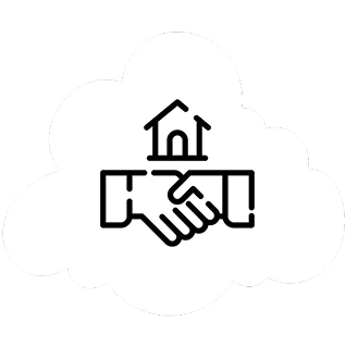 Hands shaking with a house above them, within a cloud outline.