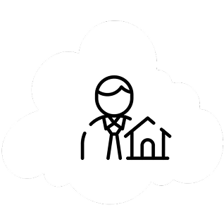 Person holding a house icon, inside a cloud-shaped outline.
