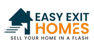 Logo for Easy Exit Homes: a teal house with an arrow, orange text "HOMES" and tagline "SELL YOUR HOME IN A FLASH".
