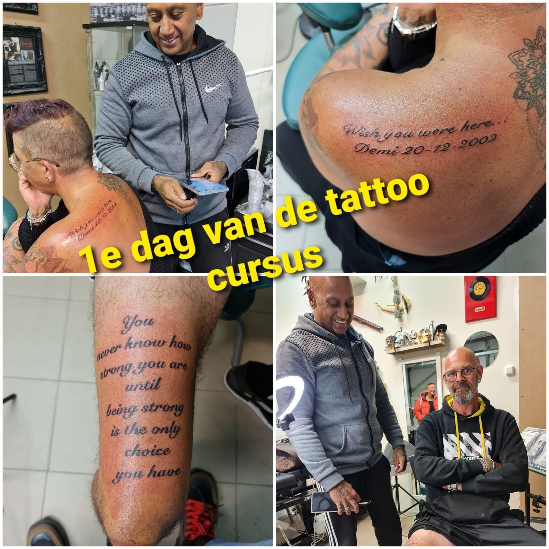 Een collage waarop studenten te zien zijn die leren tatoeëren, met close-ups van tatoeages met tekst op de huid en instructeurs die toezicht houden.