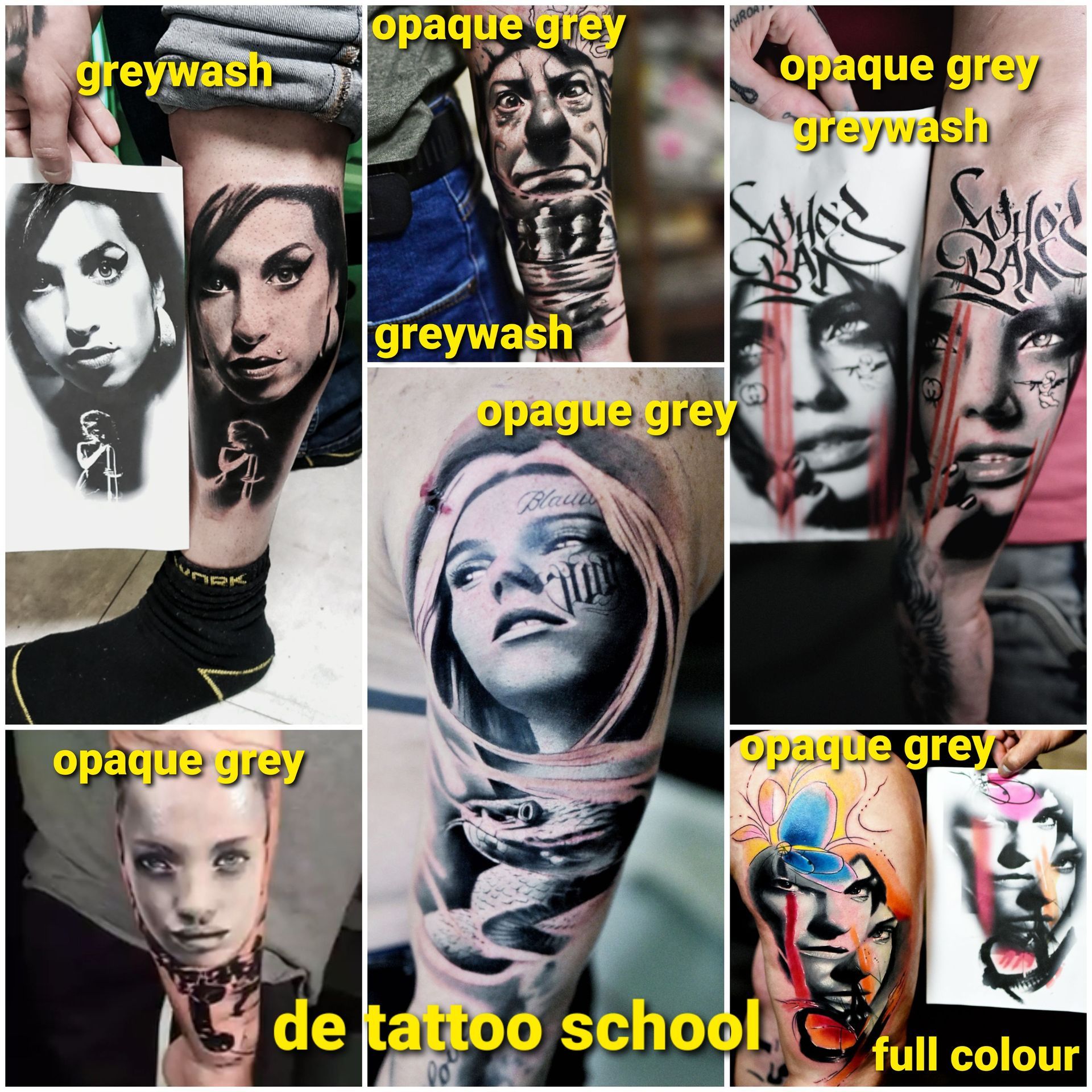 Een collage met verschillende tatoeagetechnieken, voorzien van tekstlabels zoals