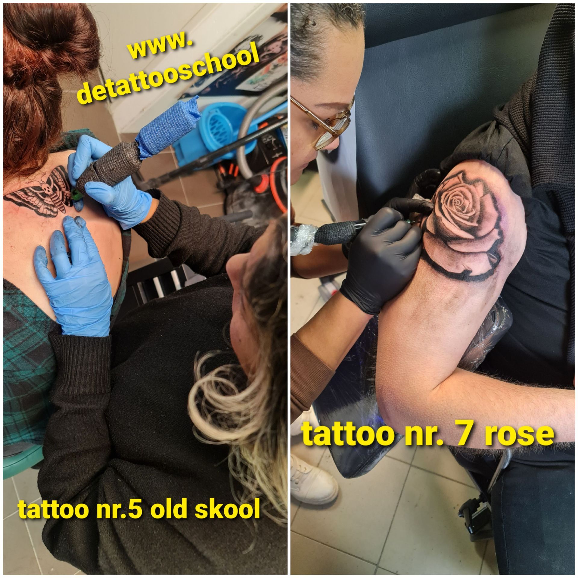 Een afbeelding die is opgedeeld in twee delen: studenten van een tatoeëerschool die een oldschool ontwerp op een rug aanbrengen en een roos op een bovenarm.