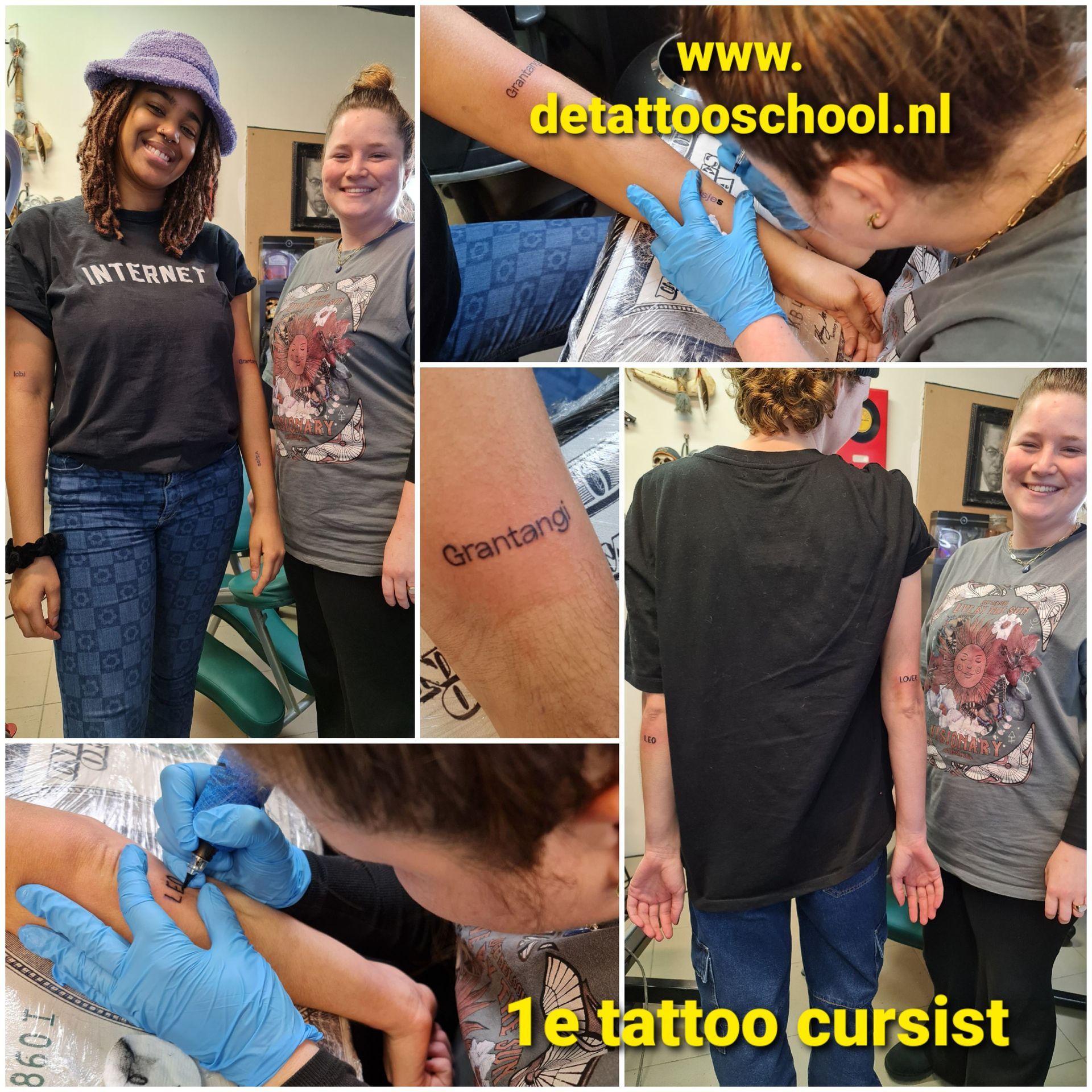Een collage met een tatoeëerder die een leerling begeleidt, een voltooide tatoeage met tekst en twee lachende mensen in een studio.