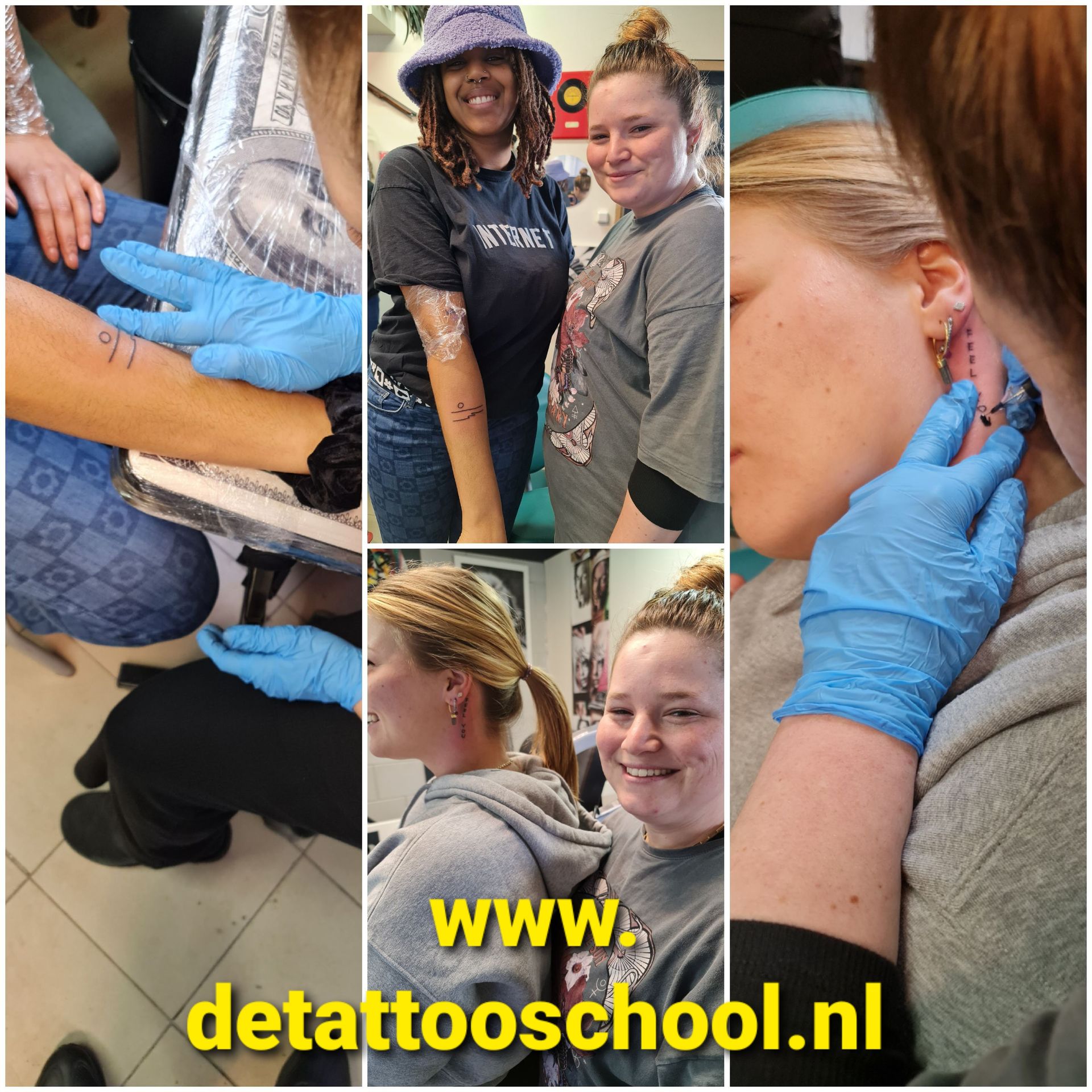 Een collage toont mensen die tatoeëren en piercen oefenen in een studio, met onderaan de website 