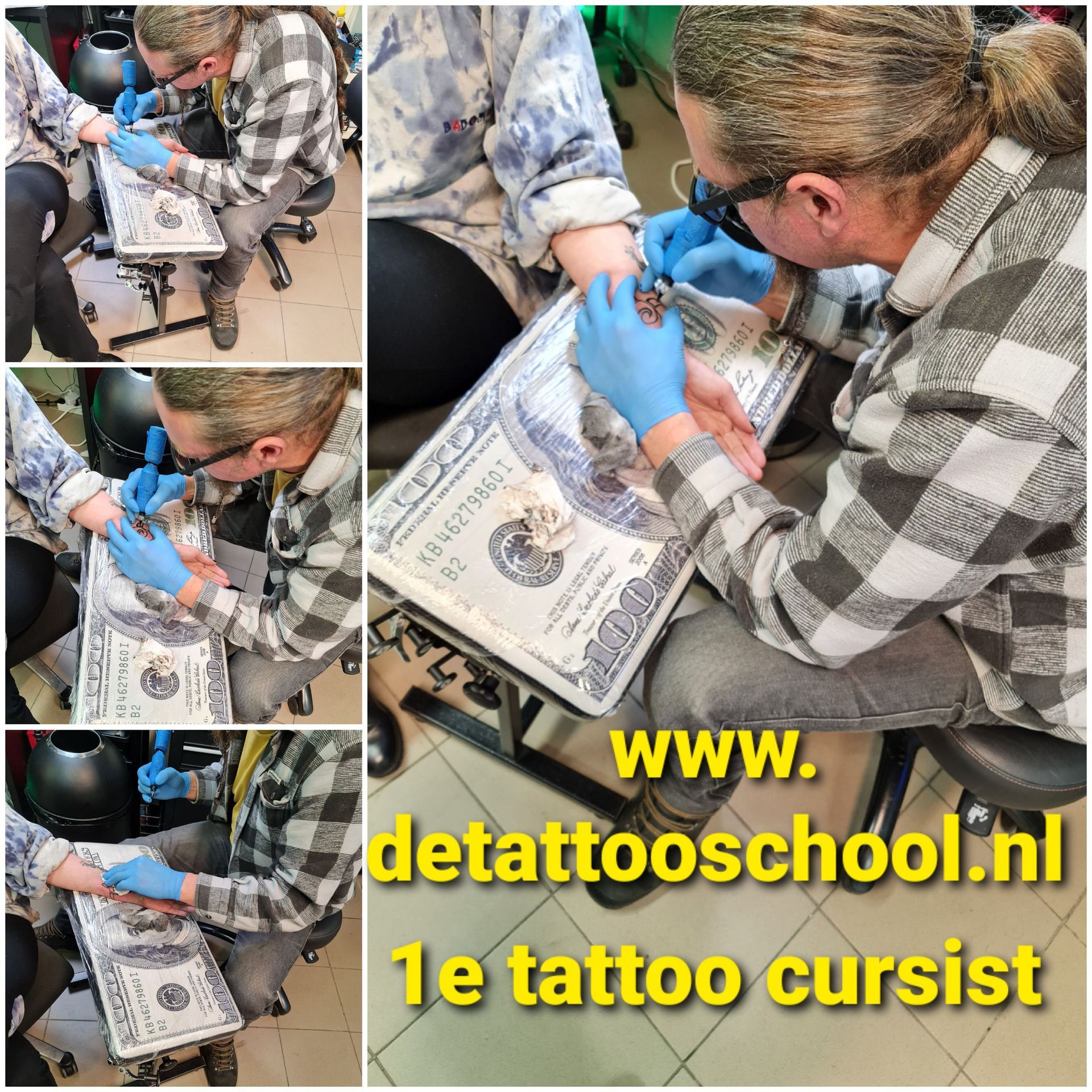 Een persoon in een geruit overhemd tatoeëert een klant op een arm die rust op een mat met een patroon van biljetten van 100 dollar, met een link naar een tattooschool.