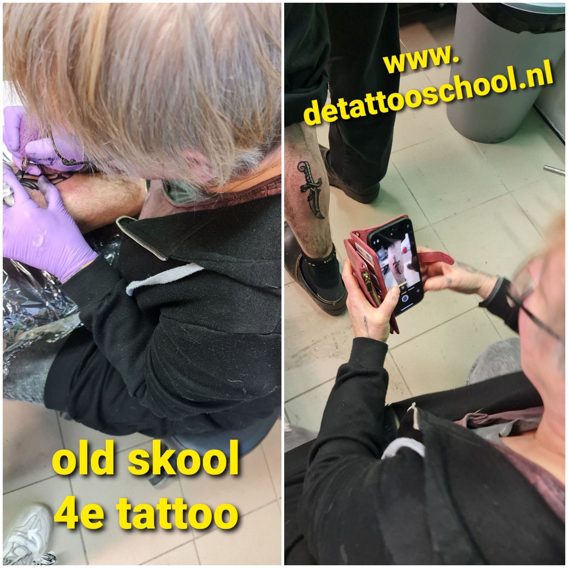 Een weergave met gesplitst scherm: iemand met paarse handschoenen tatoeëert een klant, en iemand maakt een foto van een voltooide tatoeage.