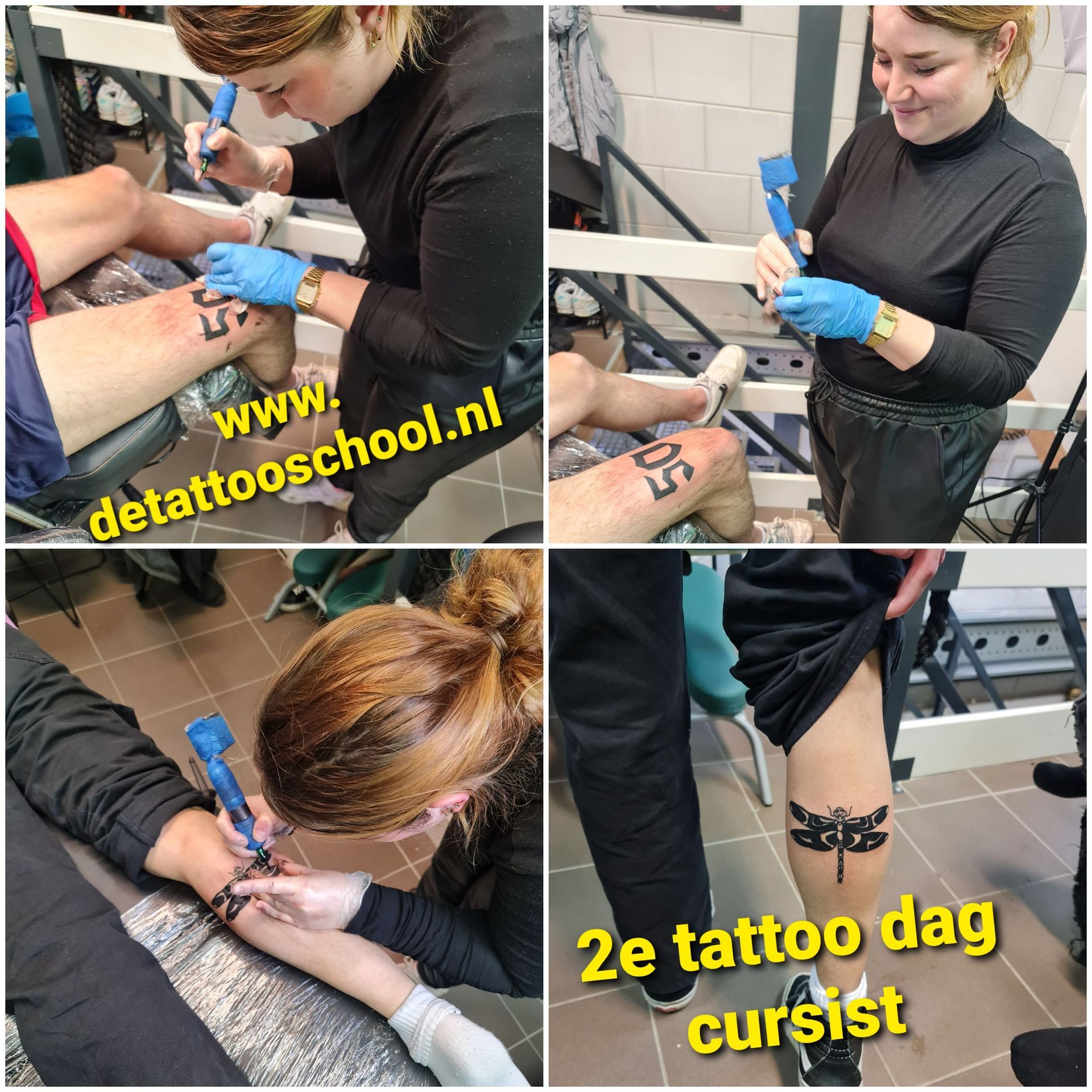 Een tatoeëerstudent oefent het tatoeëren van een libel op het been van een persoon in een opleidingsschool.