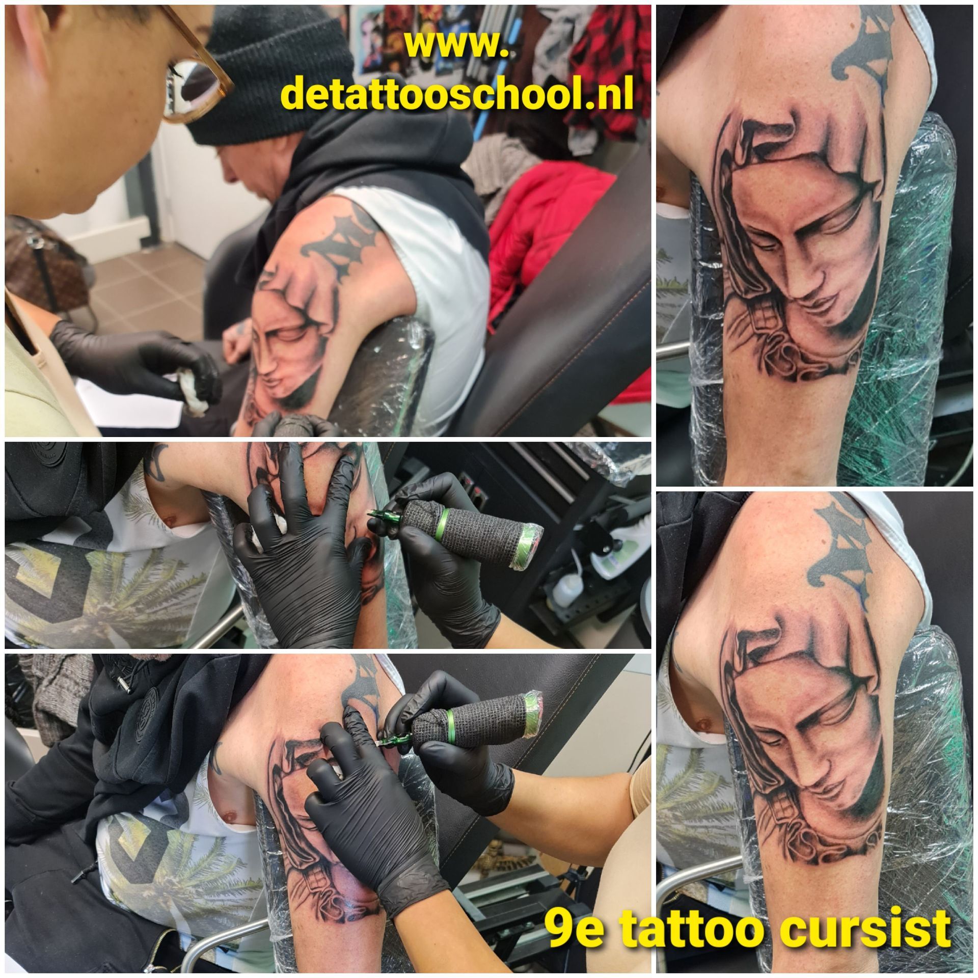 Een tatoeëerder werkt in een studio aan een portrettatoeage van een gezicht op de bovenarm van een klant.