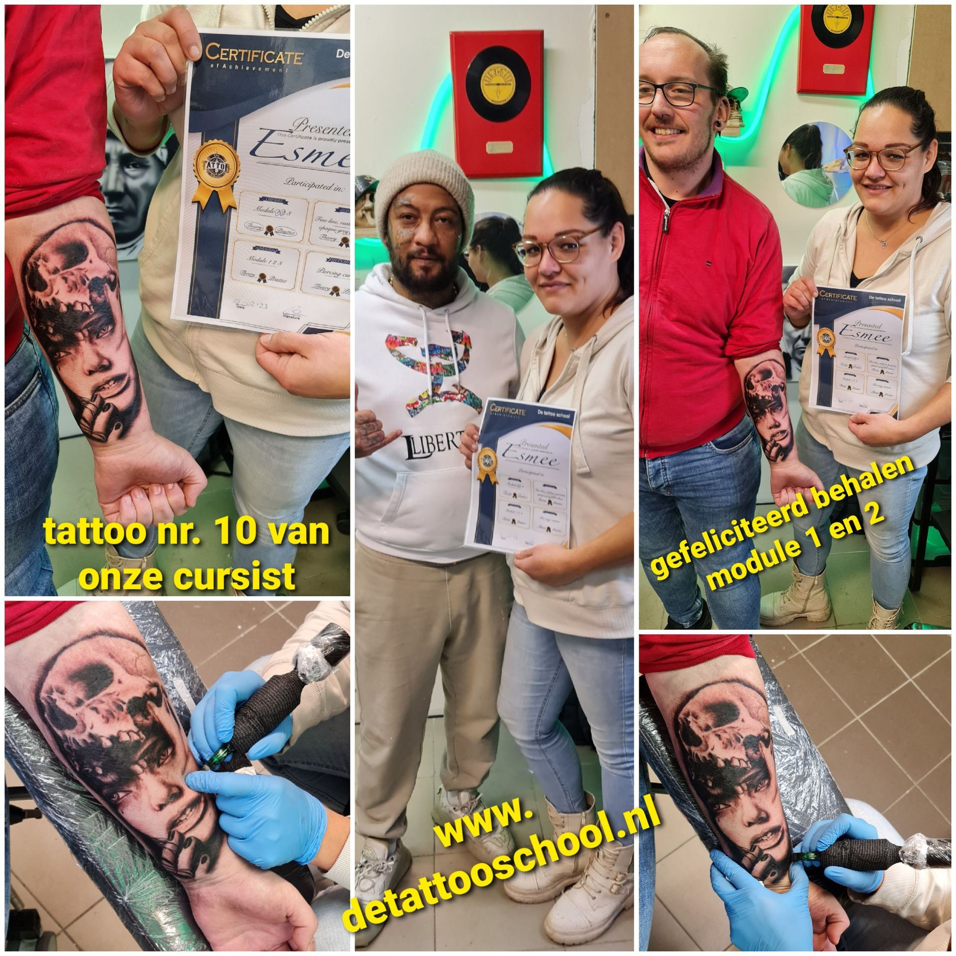 Collage met een afbeelding van een tattoo-student die een certificaat ontvangt en aan een schedeltattoo werkt, ter promotie van detattooschool.nl.