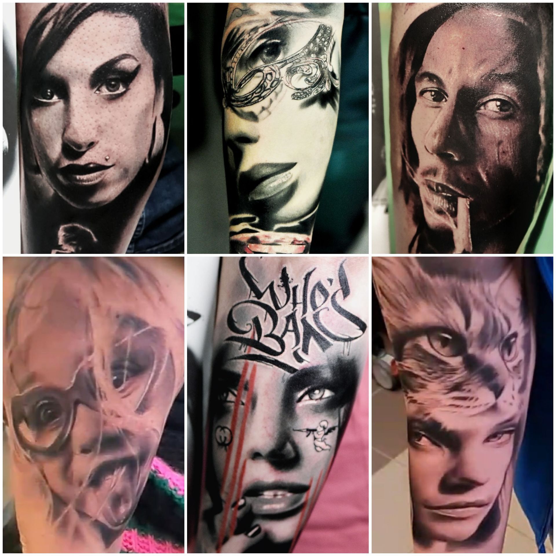 Een collage van zes gedetailleerde zwart-wit portret- en illustratieve tatoeages op de huid.