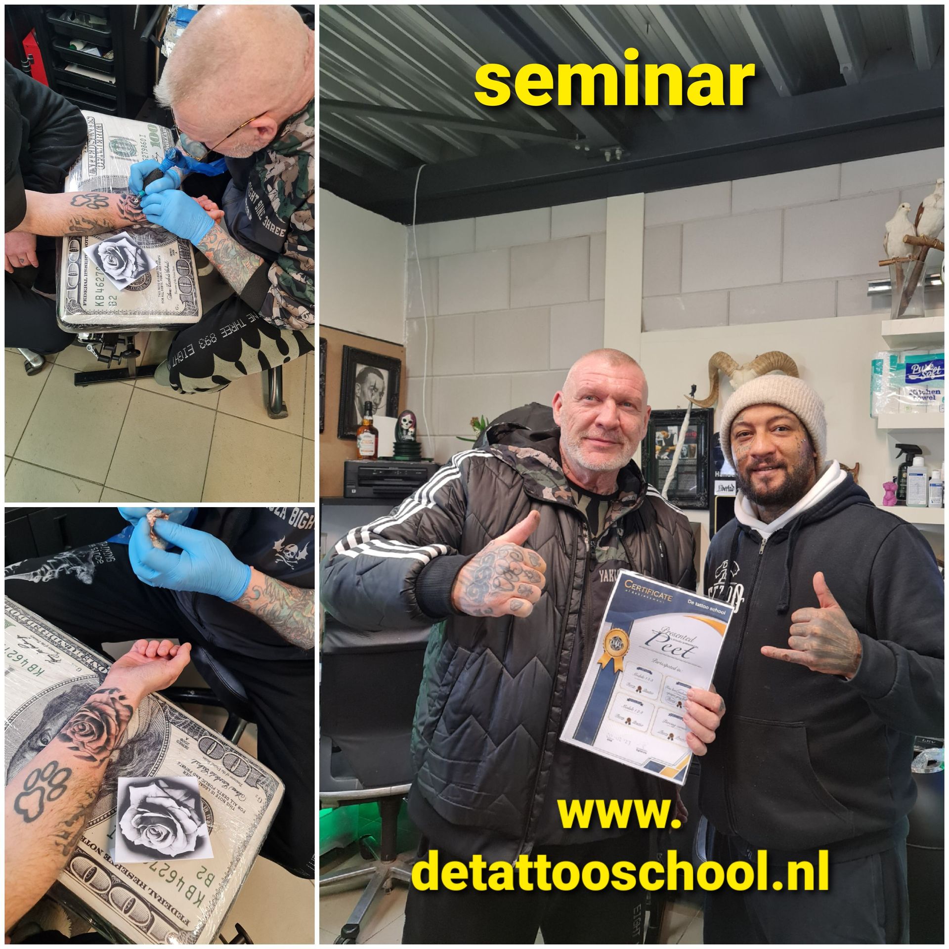 Twee mannen in een tattoostudio, de ene tatoeert een roos, de andere houdt een certificaat vast met daarop de website.