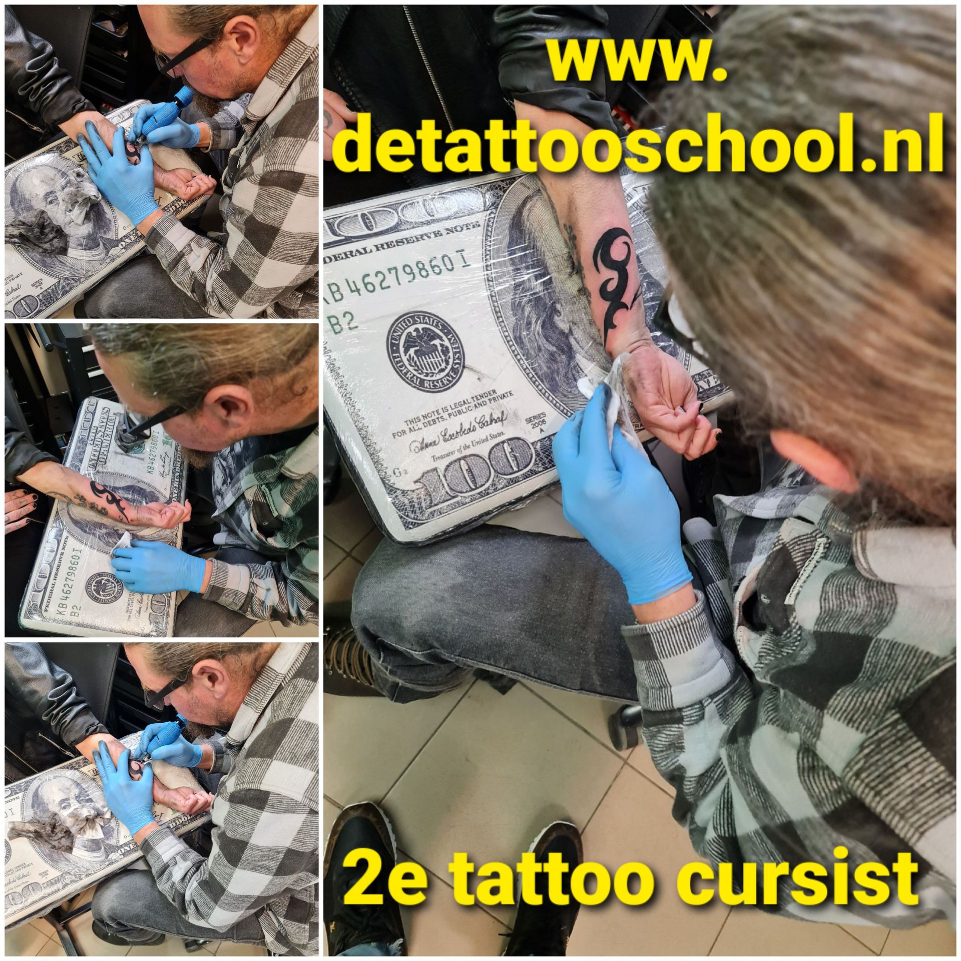 Een tatoeëerder gebruikt een machine om op de arm van een klant een groot ontwerp van een biljet van 100 dollar te tatoeëren, in een tatoeëerschool.