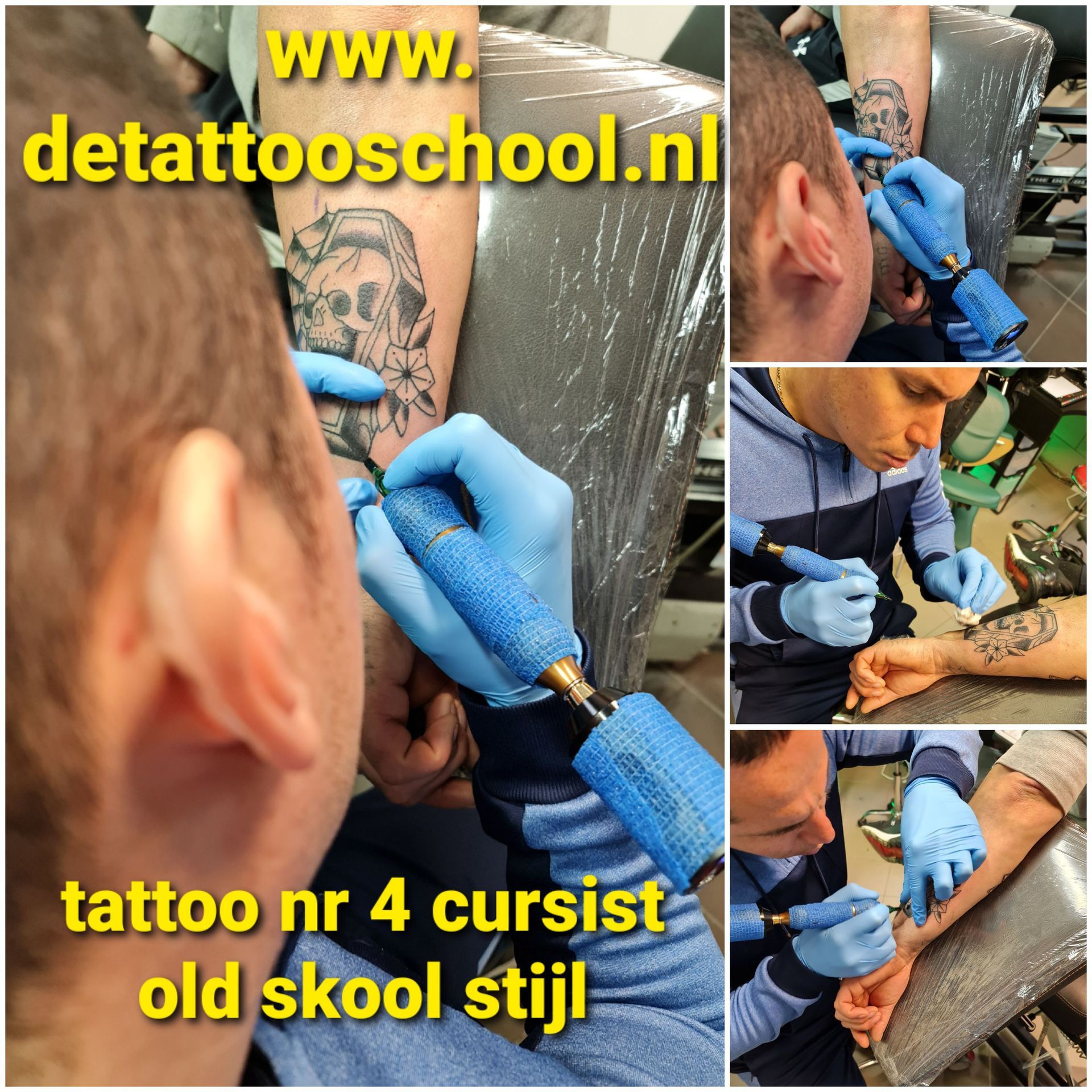 Een tatoeëerder met blauwe handschoenen werkt aan de arm van een klant in een tattooschool, waarbij hij kunst in de 