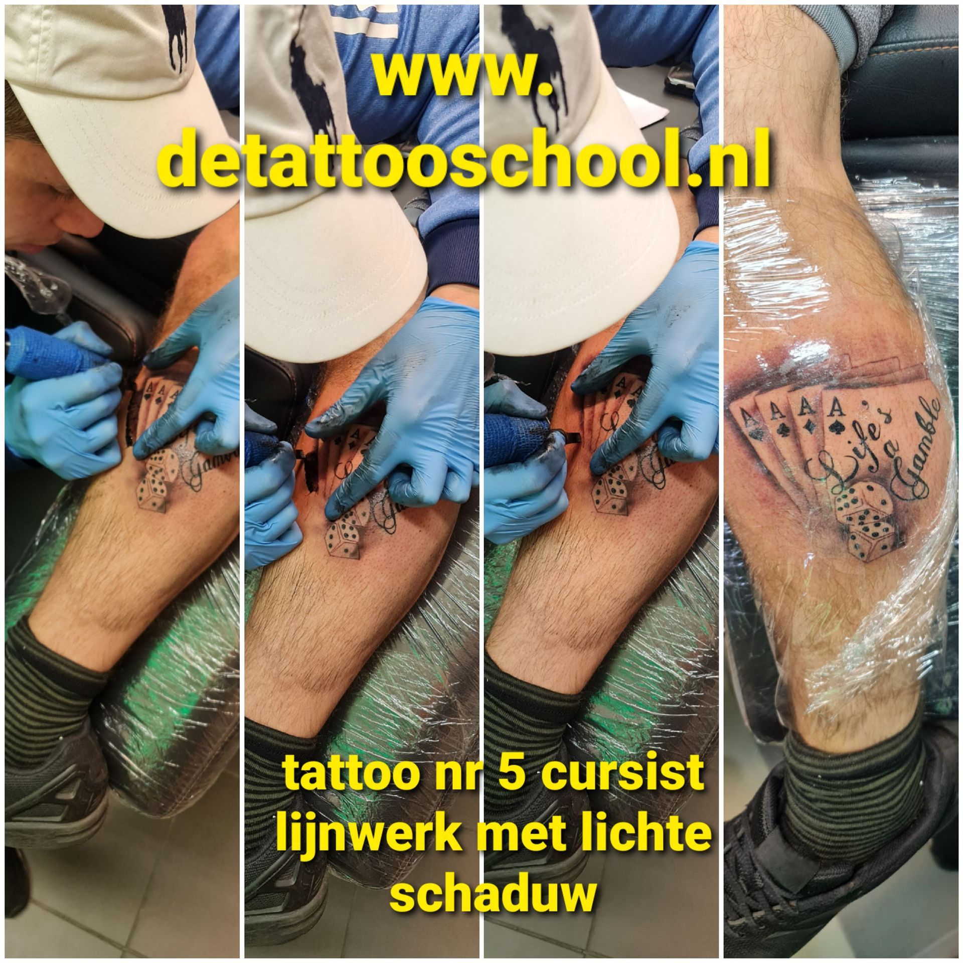 Een collage in vier delen, waarop een tatoeëerder te zien is die werkt aan een onderarmtatoeage van speelkaarten en dobbelstenen, met gele tekst eroverheen.
