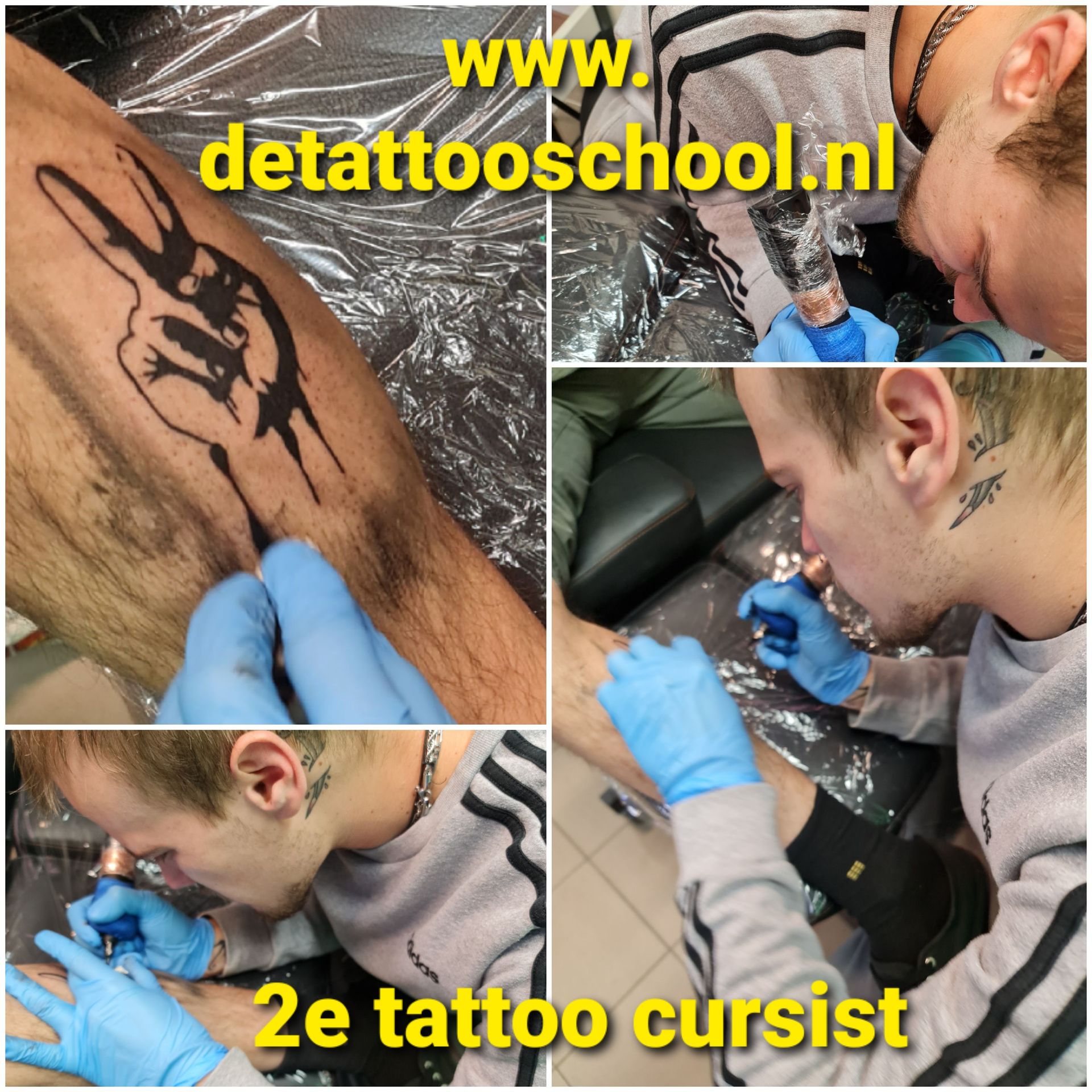 Een collage waarop iemand een vredesteken op de huid tatoeëert, met de tekst 