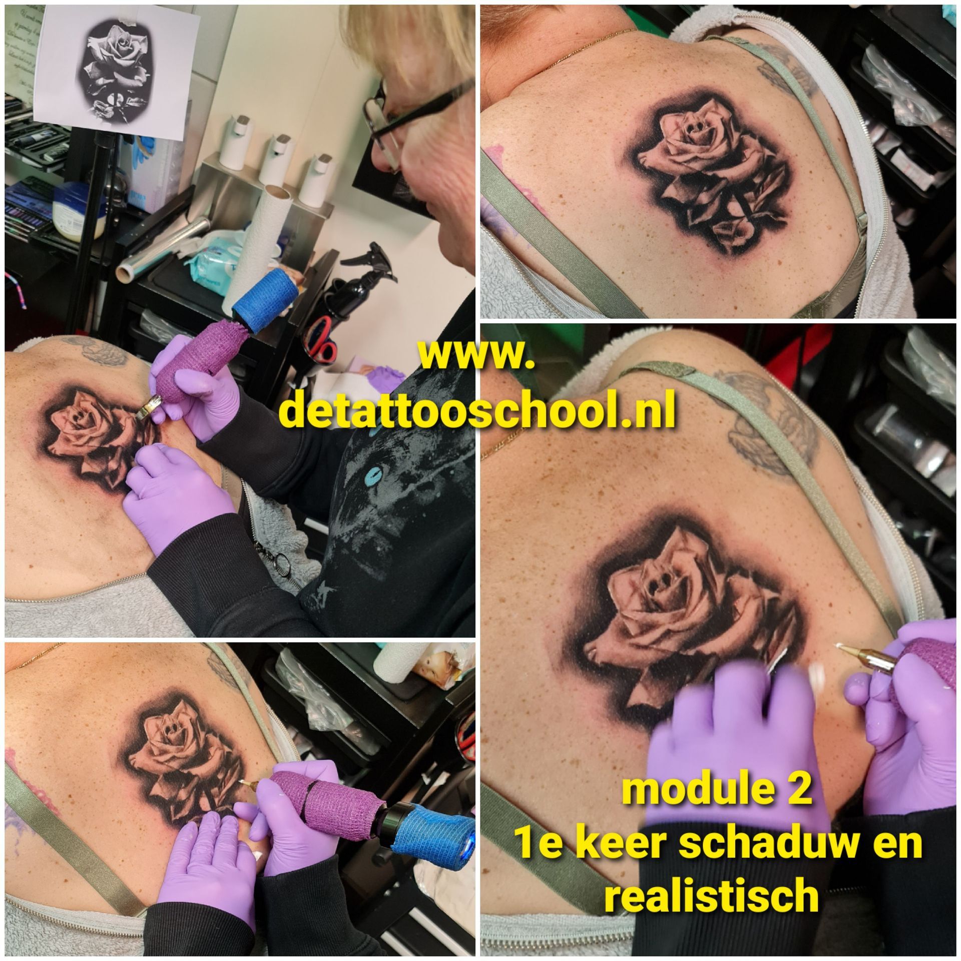 Een collage toont een student die leert een roos op een schouder te tatoeëren, met foto's van het tatoeëren en een link naar een website.