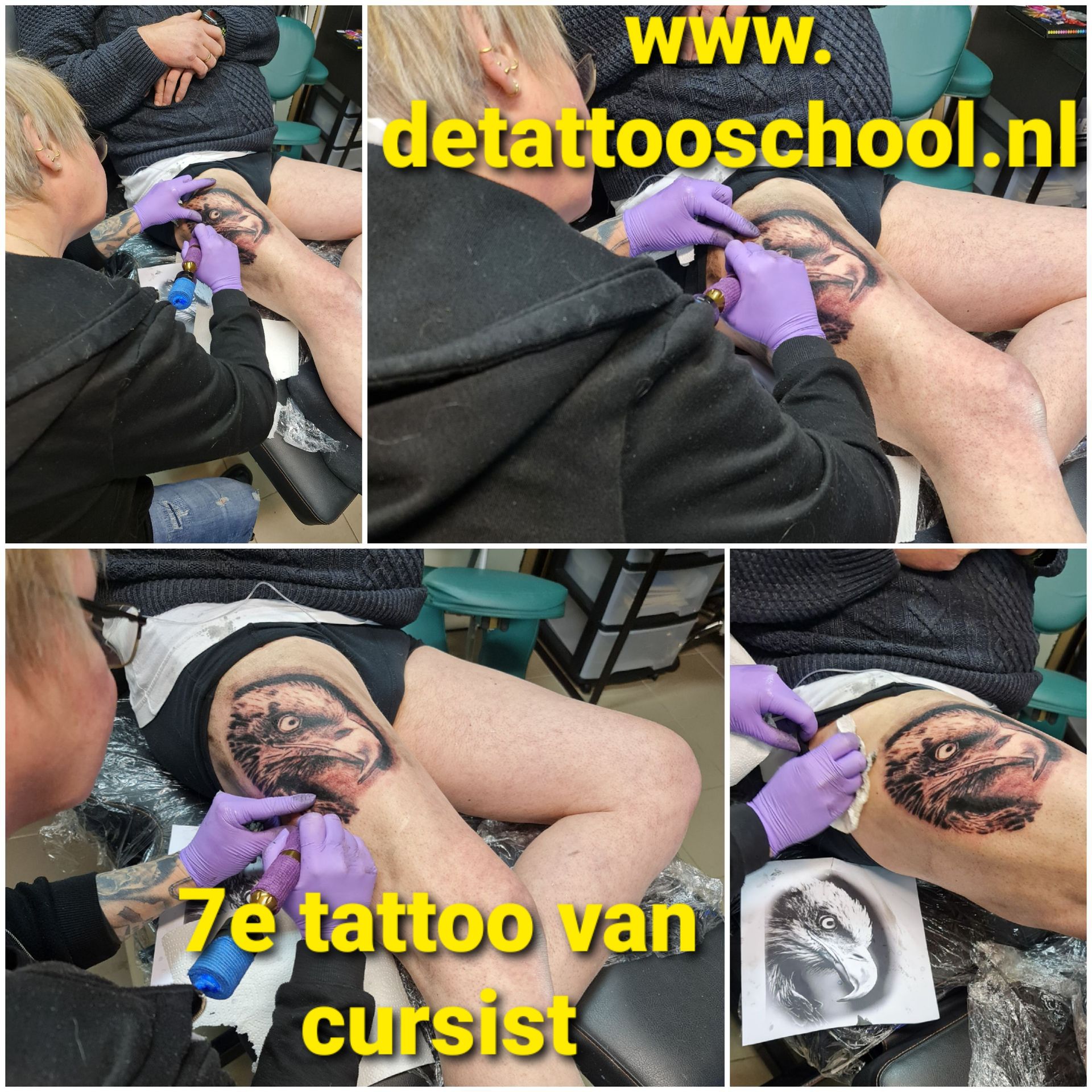 Een tatoeëerinstructeur begeleidt een leerling bij het tatoeëren van een adelaarsportret op het dijbeen van een klant in een oefenstudio.