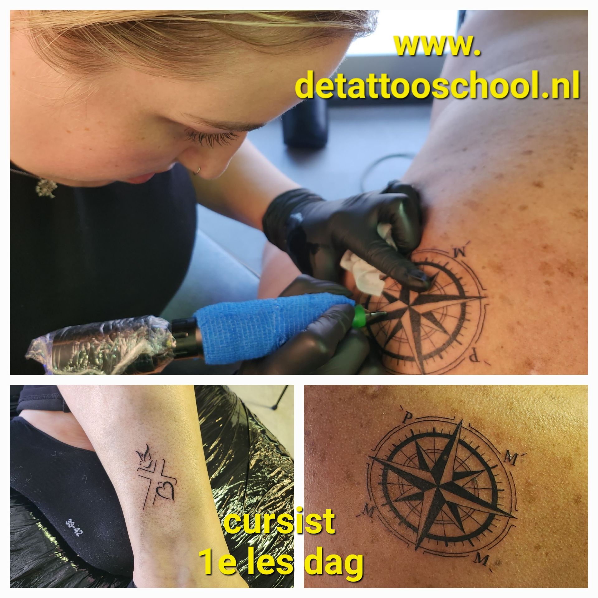 Een tatoeëerstudent oefent het tatoeëren van een kompasontwerp op een klant, met een voorbeeld van zijn of haar eerste leswerk ernaast.