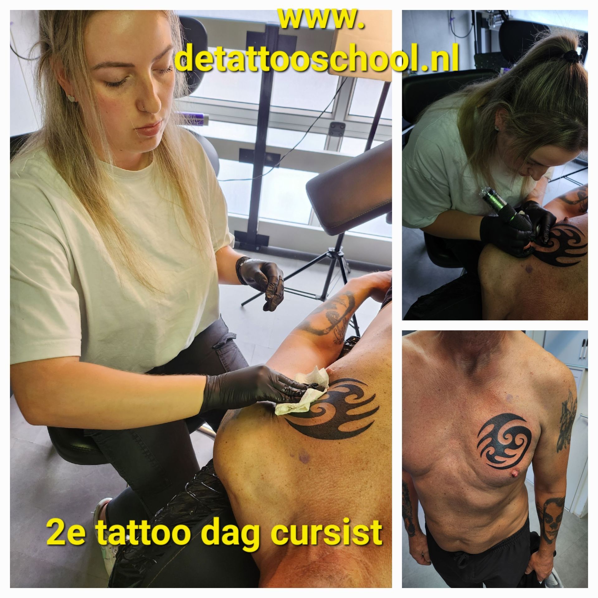 Een student oefent het tatoeëren van een tribaal ontwerp op de borst van een klant in een trainingsschool, zoals te zien is in drie verschillende fases.