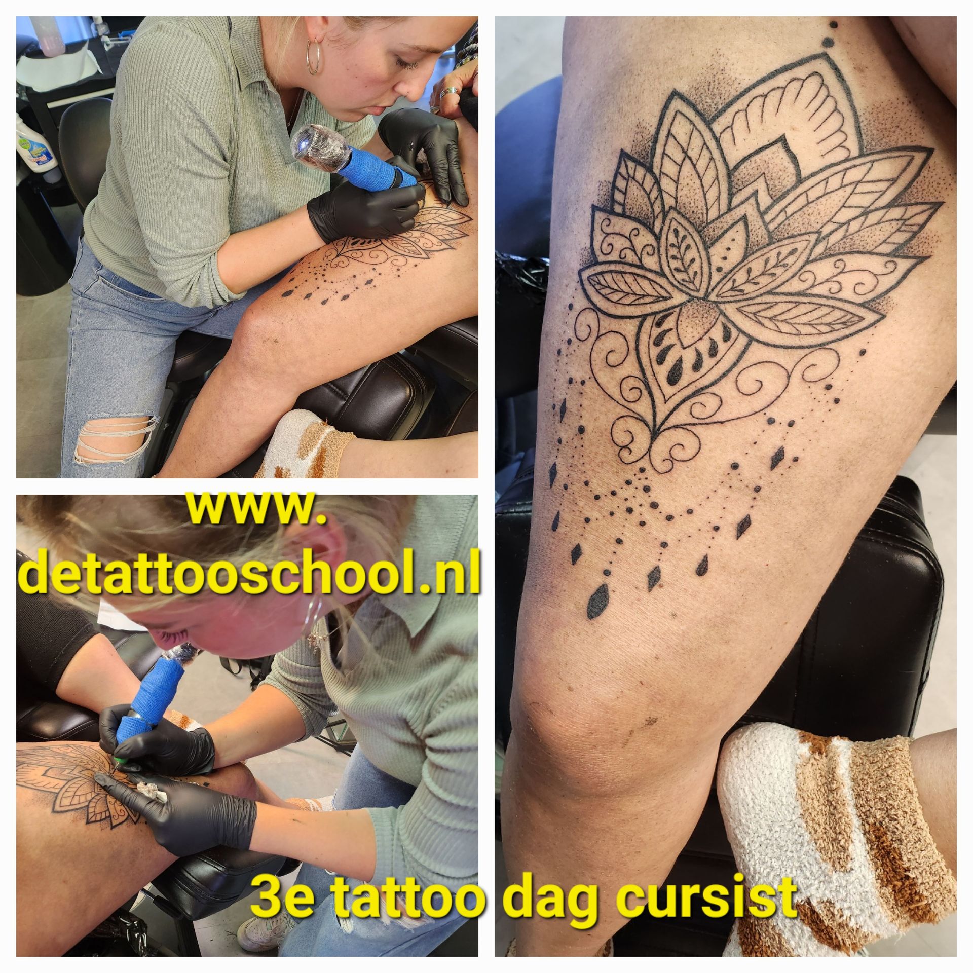 Een student tatoeëert een lotusmandala op een dijbeen tijdens een tattooworkshop. De website-URL is op de afbeelding te zien.