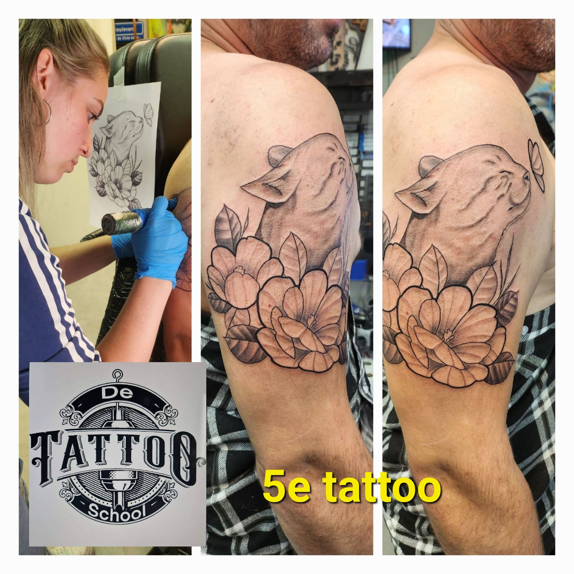 Een tatoeëerder aan het werk aan een schoudertattoo met een kattenprofiel omringd door bloemen en een vlinder.