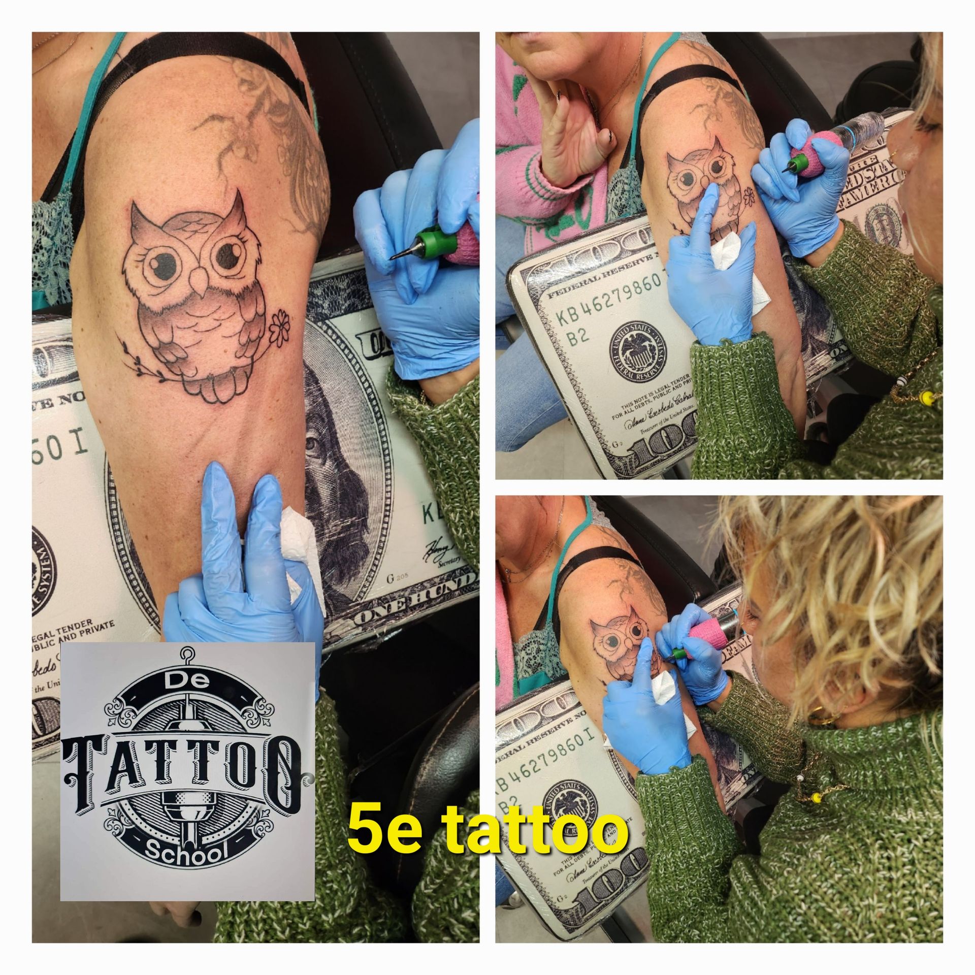 Een tatoeëerder met blauwe handschoenen tatoeert een uil op de bovenarm van een klant, met een achtergrond van een honderd-dollarbiljet.