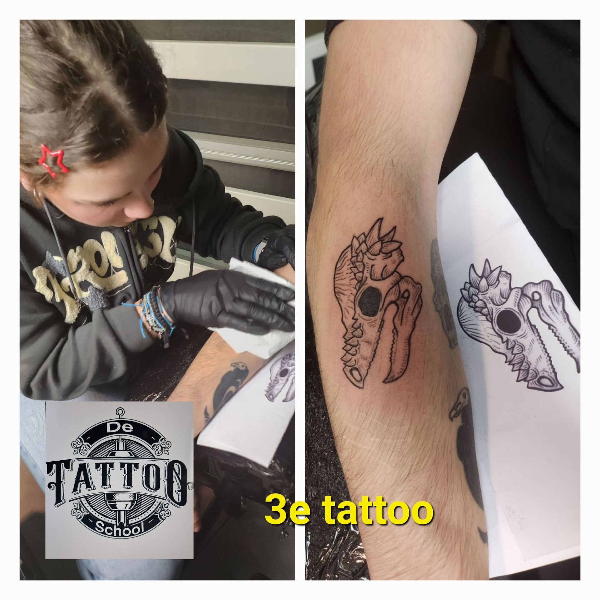 Een afbeelding die is opgesplitst in tweeën: een persoon met zwarte handschoenen die een ontwerp op een arm tatoeëert, naast het logo van de studio.
