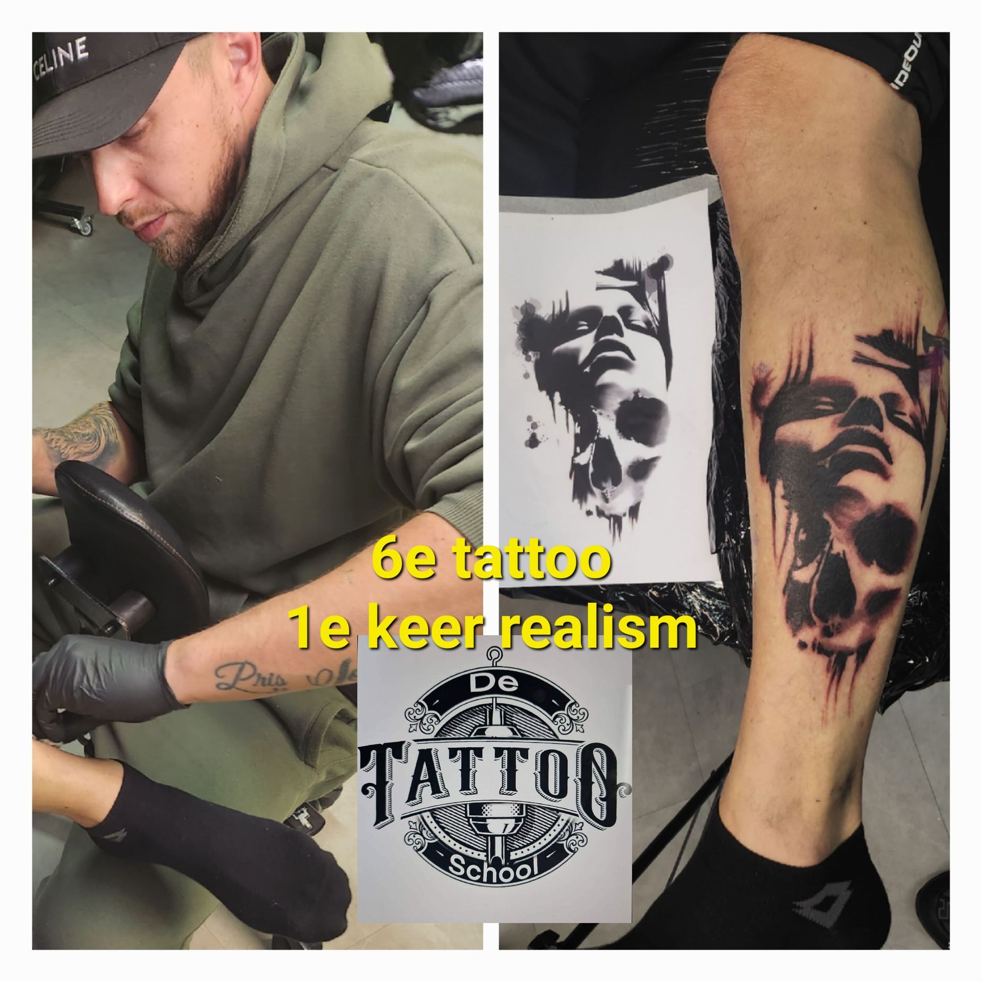 Een tatoeëerder werkt aan een realistische portrettatoeage op het been van een klant, naast een voorbeeldafbeelding en een schoollogo.