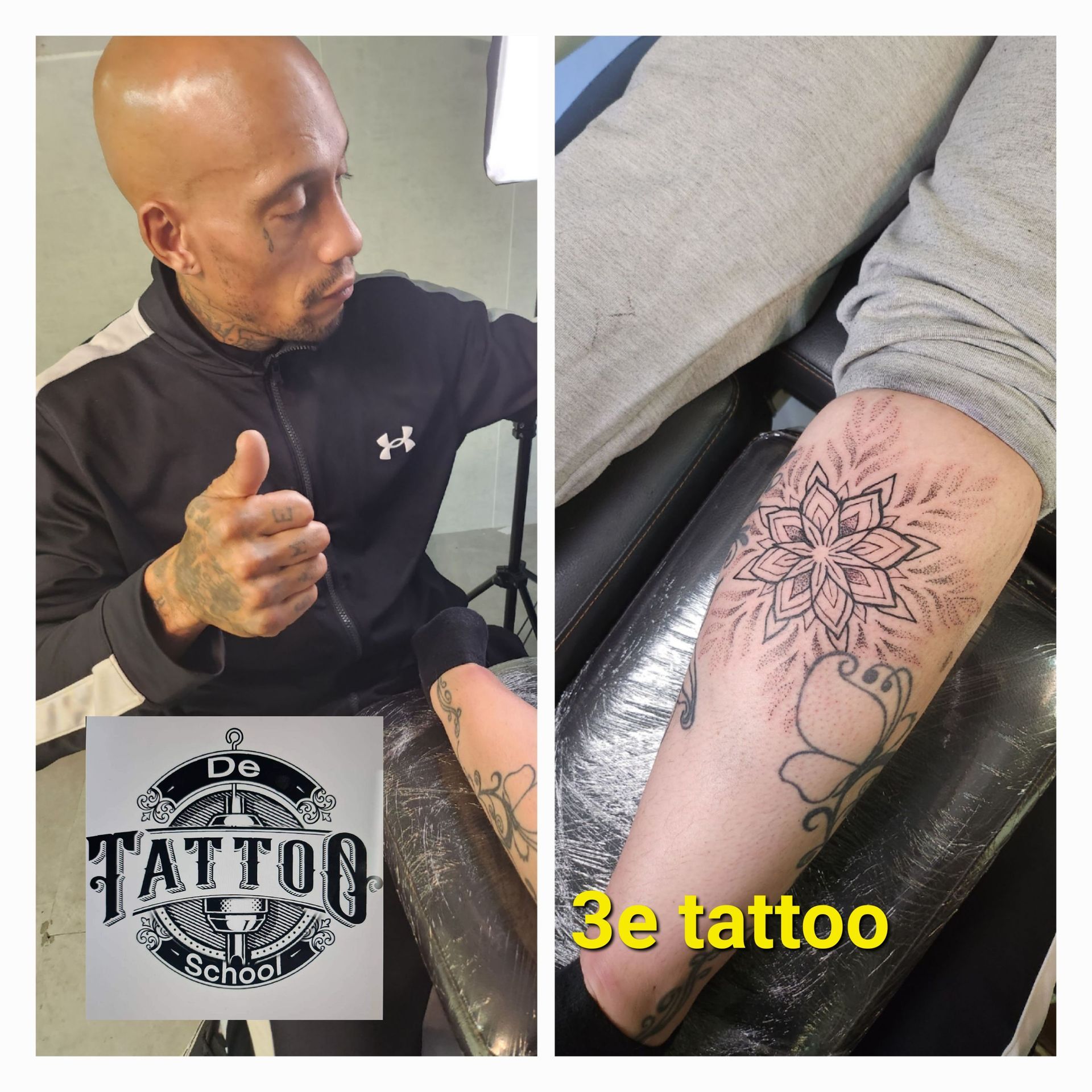 Een persoon steekt zijn duim omhoog naast een close-up van een onderarmtattoo met een mandala-ontwerp en de tekst 