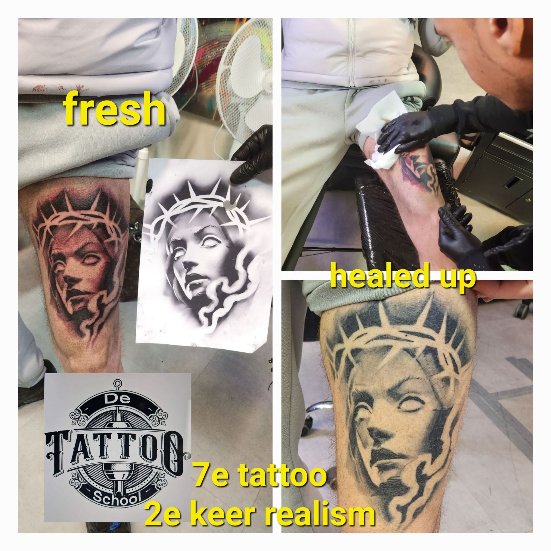 Vergelijking van een verse en een genezen tatoeage van een figuur met een doornenkroon, met het onderschrift 