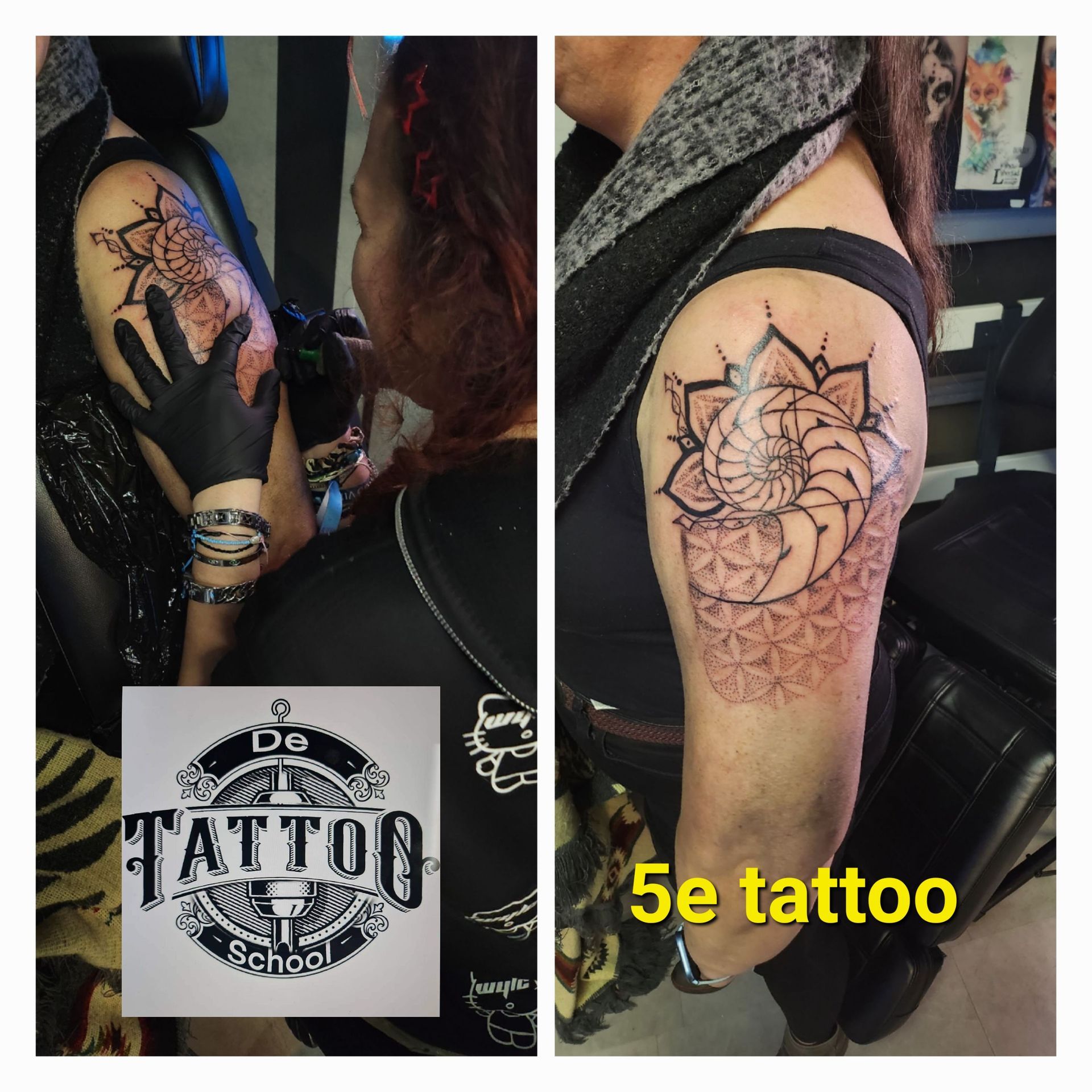 Een tatoeëerder werkt aan een geometrische tatoeage van een nautilusschelp op de bovenarm van een persoon, met een logo in de hoek.