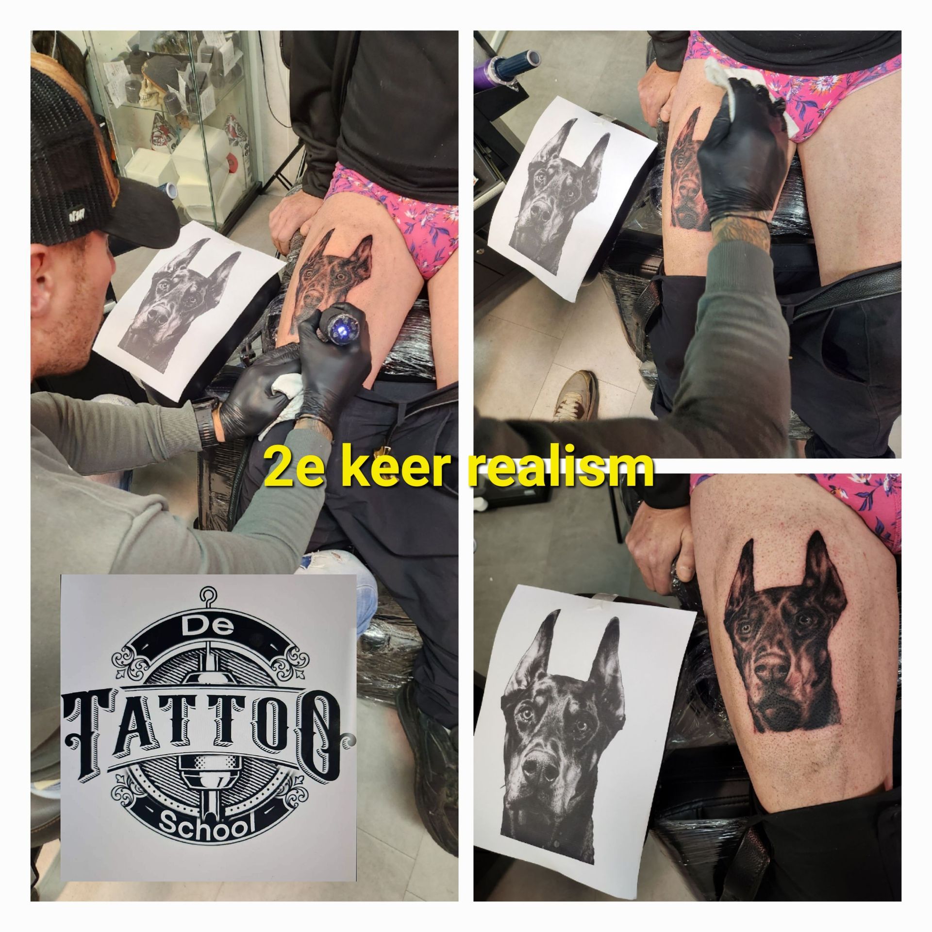 Een tatoeëerder maakt een realistisch portret van een Doberman op het been van een klant, dat te zien is in een collage van drie panelen.