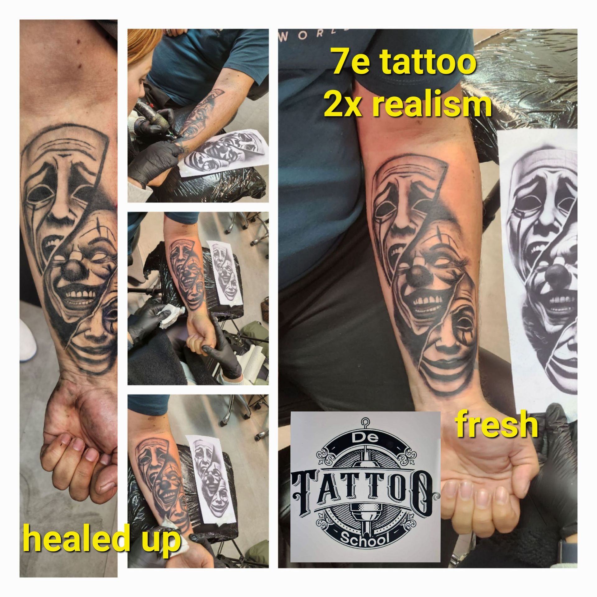 Een collage toont het proces en het uiteindelijke resultaat van een zwart-wit tatoeage van drie op elkaar gestapelde, expressieve theatermaskers.